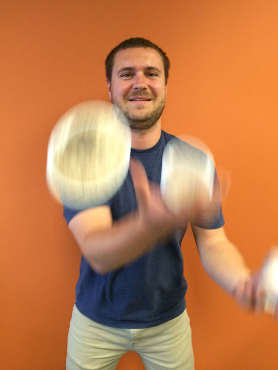 David attempting to juggle our three oatmeal cups!